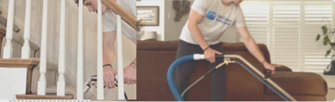 The OKClean Solutions team steam-cleaning a staircase and a sofa in a London home